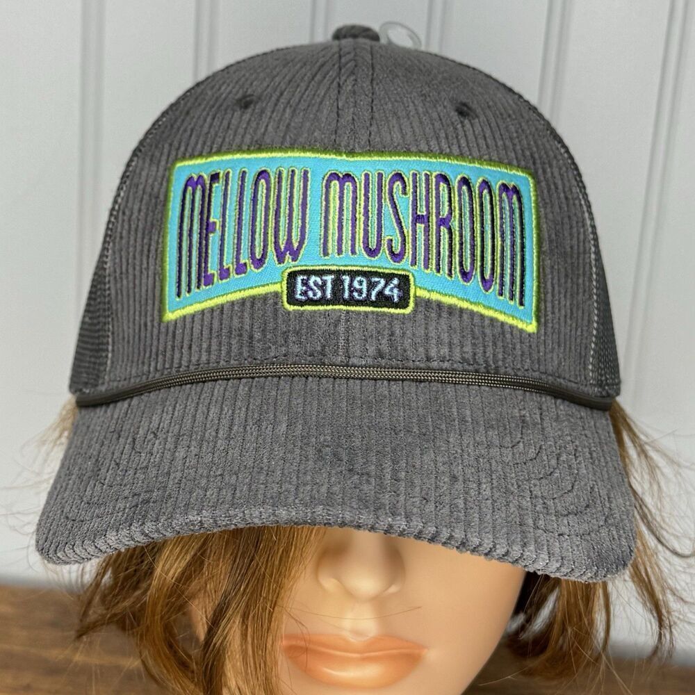 Mellow Mushroom Corduroy Trucker Hat Cap Snapback Gray Teal Unisex NWOT